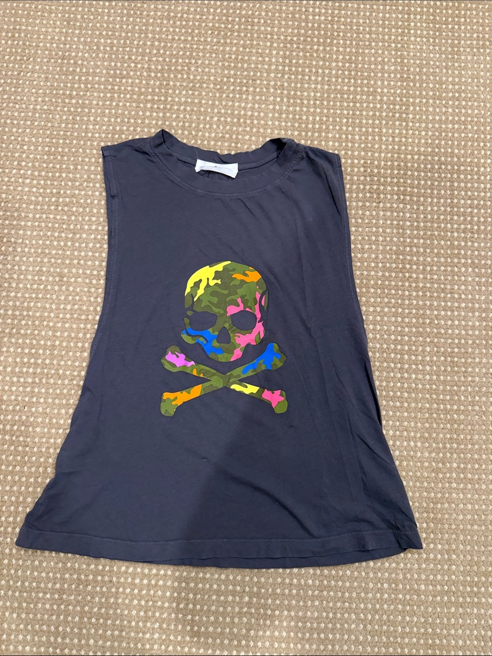Women Soul Cycle Grey Muscle Tank with Colorful Camo Skull Graphic